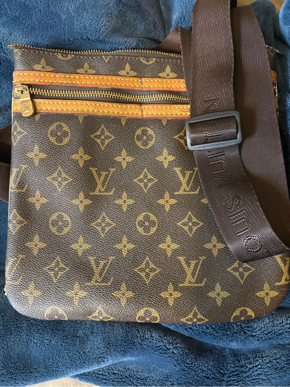 Designer Inspired Brown Monogram Messenger Bag with Tan Trim